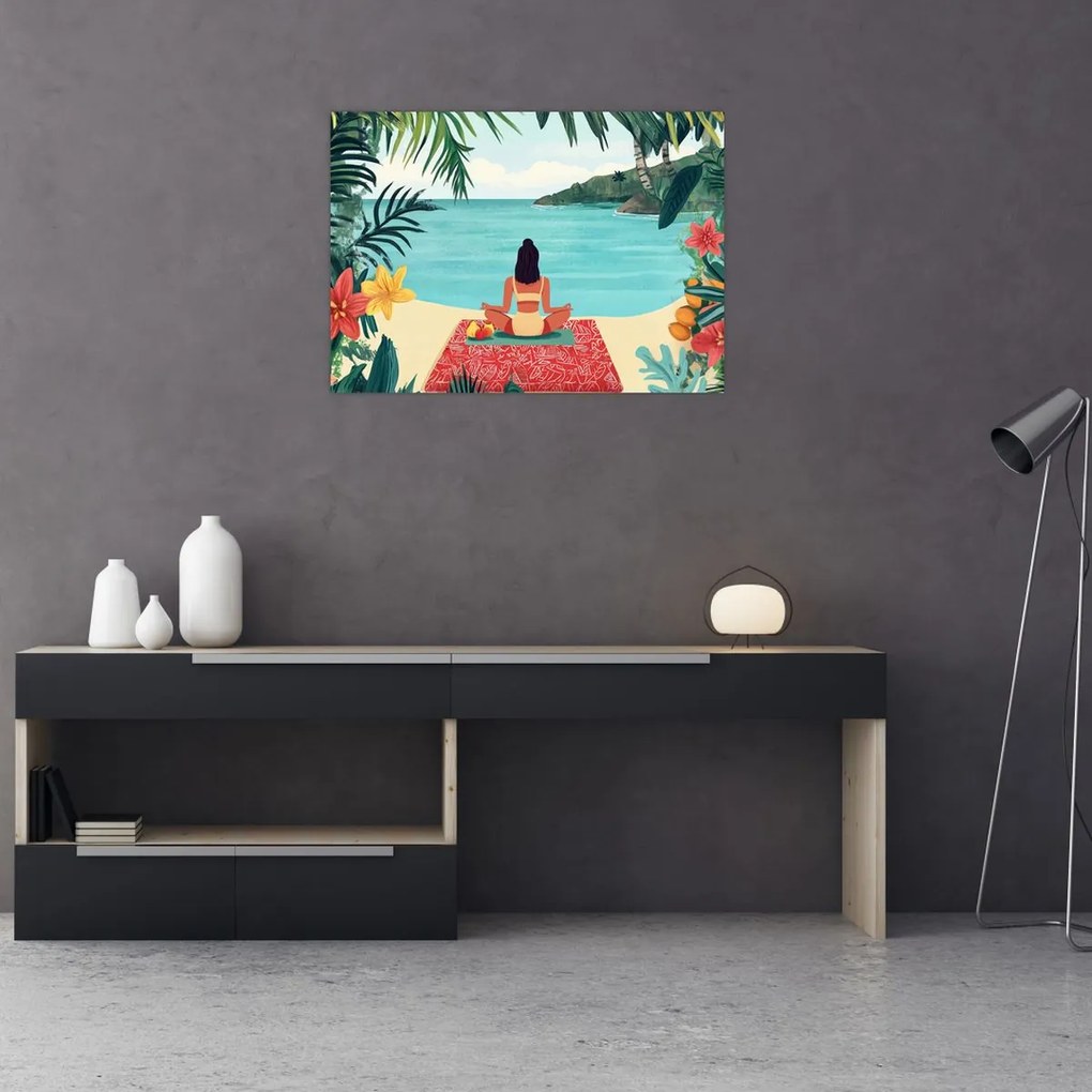 Tablou pe sticlă - Yoghiniță pe plajă (70x50 cm)