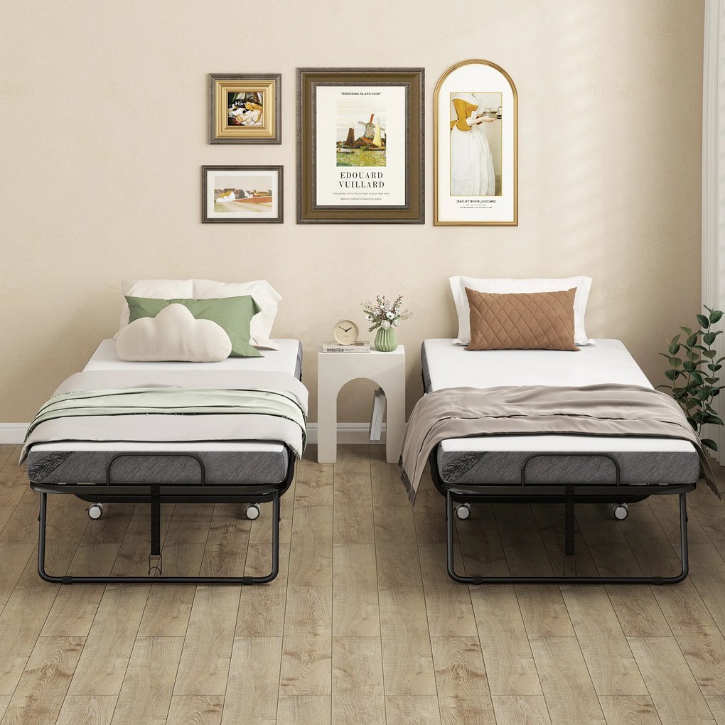 HOMCOM Pat Pliabil Single 90x200 cm cu Saltea de 10 cm Grosime, Cadru din Metal și Roți cu Frână, Negru | Aosom Romania