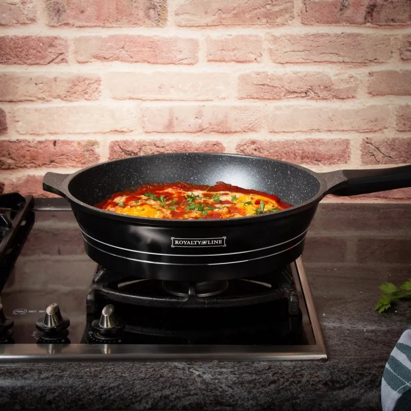 Set oale si tigai Royalty Line RL-ES1014M, Aluminiu turnat, 14 piese, Acoperire marmura, Negru