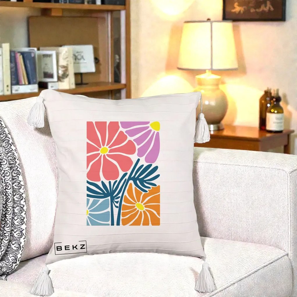 Perna Decorativa Flori Grafice Roz-Orange-Albastru, 40x40 cm, Bej cu Franjuri, Husa Detasabila, Perna Inclusa, BEKZ®