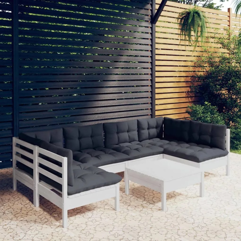 vidaXL Set mobilier grădină cu perne, 7 piese, alb, lemn masiv de pin