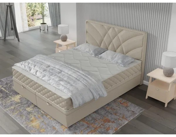 Pat tapițat GINA 160x200 cm, bej, cu saltele incluse și spațiu de depozitare
