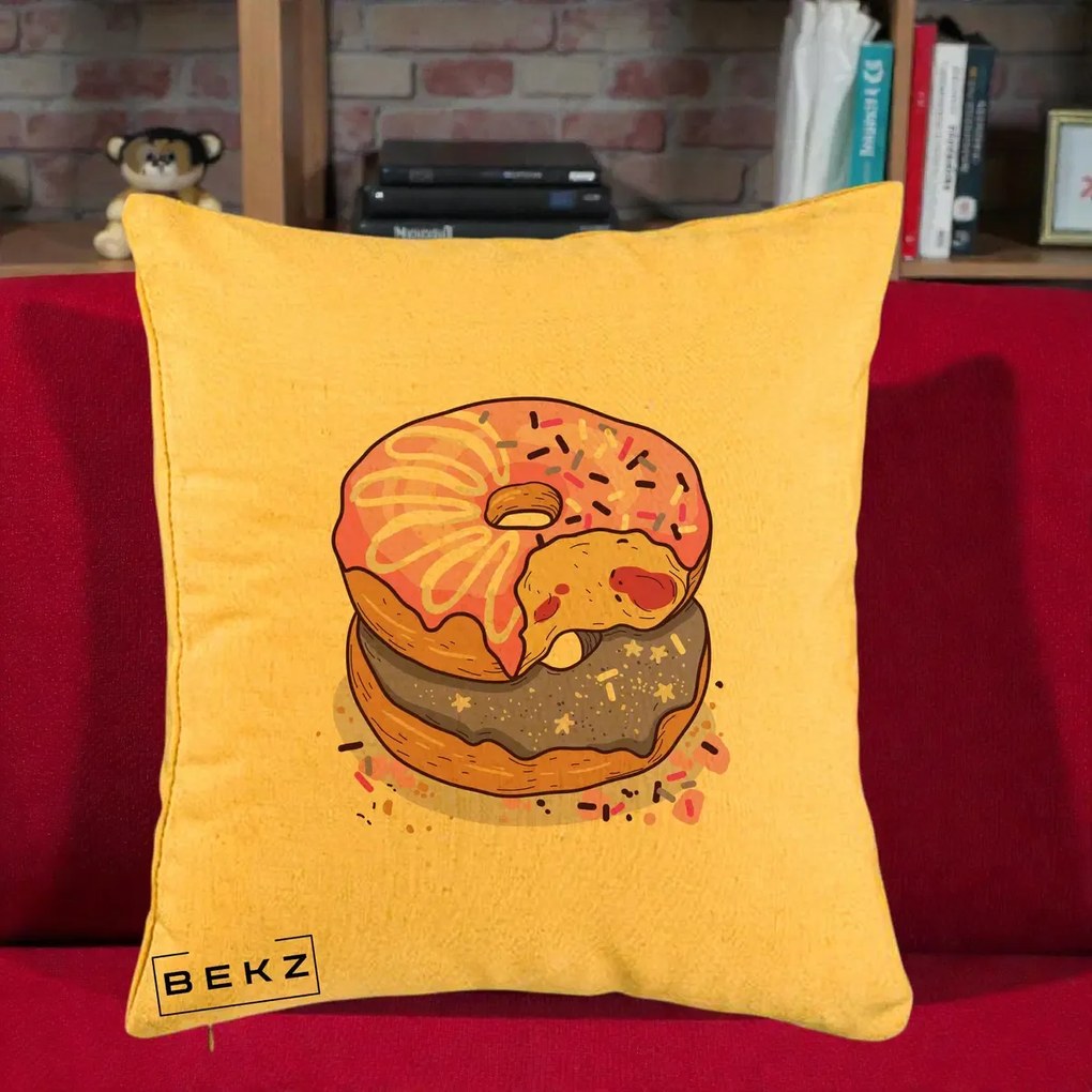 Perna Decorativa Donuts Roz si Mov, 40x40 cm, Galben, Husa Detasabila, Perna Inclusa, BEKZ®