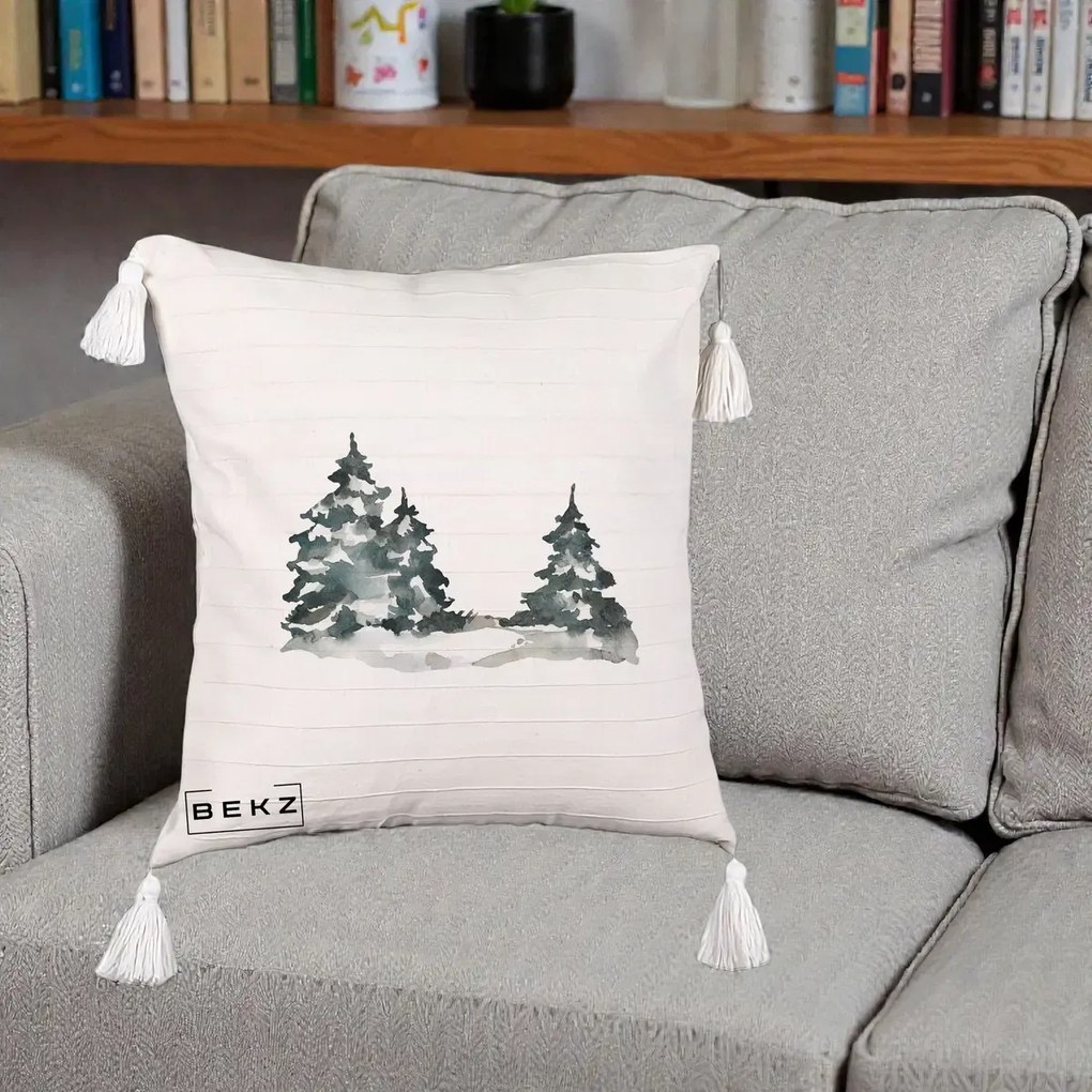 Perna Decorativa Brazi Inzapeziti Acuarela, 40x40 cm, Bej cu Franjuri, Husa Detasabila, Perna Inclusa, BEKZ®