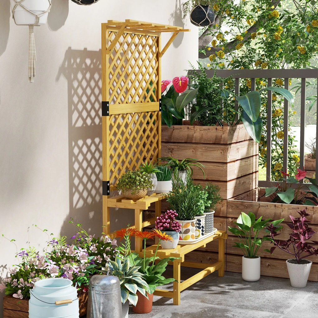 Outsunny Suport pentru plante, raft pentru flori, 2 niveluri, cu spalier și acoperiș, lemn de brad, 75x50x166cm, galben | Aosom Romania
