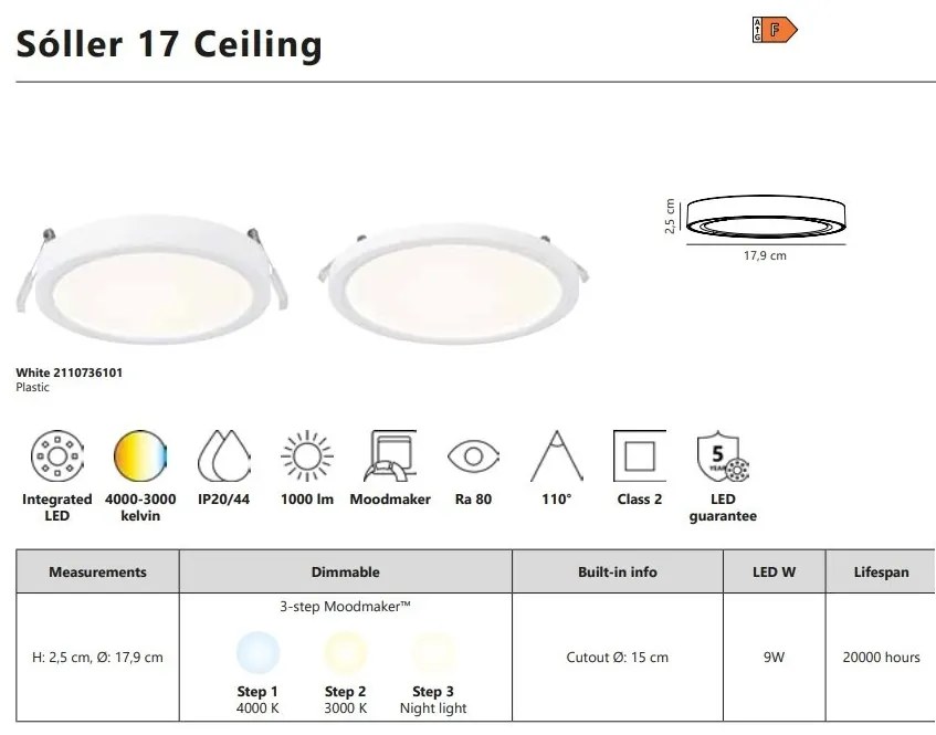 Spot incastrabil tavan fals, pentru baie IP44, LED 3-Step MOODMAKER, Sóller 17