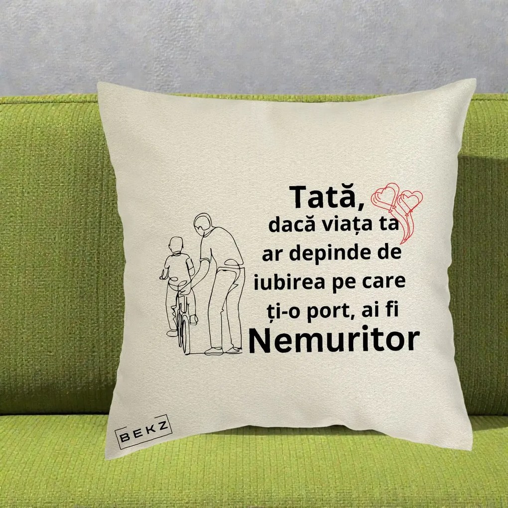 Cadou pentru Tata - Perna Personalizata Tata Nemuritor Bicicleta, 40x40 cm, Ecru, Husa Detasabila, Perna Inclusa, BEKZ®