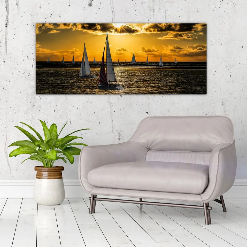 Tablou cu iaht în apus de soare (120x50 cm)