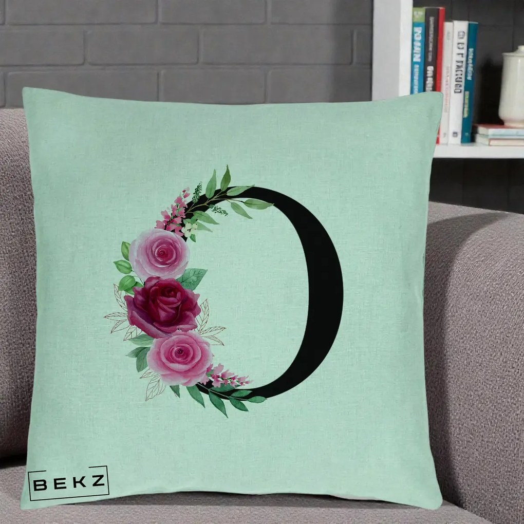 Cadou Personalizat - Perna Personalizata Monograma Florala Litera O, 40x40 cm, Verde Menta, Husa Detasabila, Perna Inclusa, BEKZ®