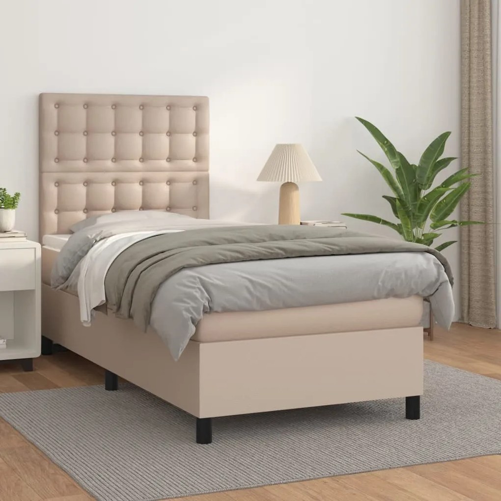 3142826 vidaXL Pat box spring cu saltea, cappuccino, 90x200 cm piele ecologică