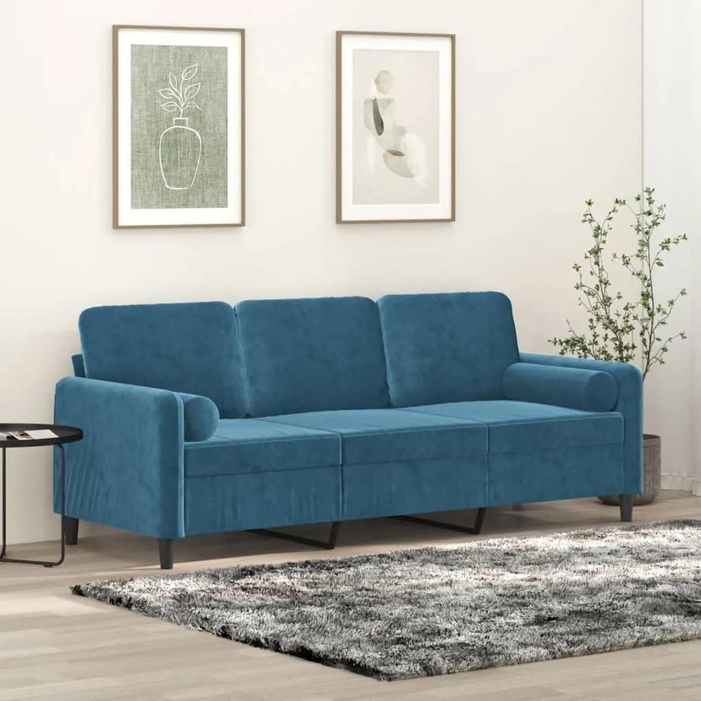 Canapea cu 3 locuri cu pernute, albastru, 180 cm, catifea