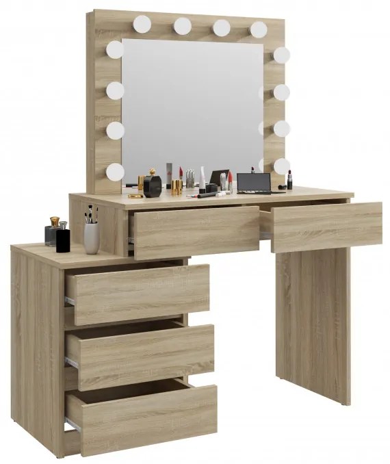 SEM509 - Set Masa toaleta, 112 cm, cosmetica machiaj oglinda masuta vanity, oglinda cu LED-uri cu sau fara scaun - Sonoma
