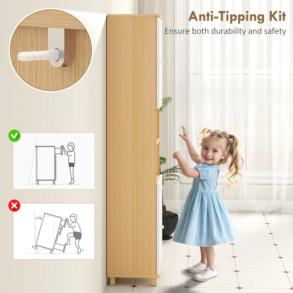 HOMCOM Dulap de Baie înalt cu Uși, 2 Rafturi Deschise, 2 Dulapuri, Dulap de Baie Economisitor de Spațiu cu Rafturi Reglabile pentru Sala de Mese Sufragerie, 30x30x166 cm, Alb și Lemn | Aosom Romania