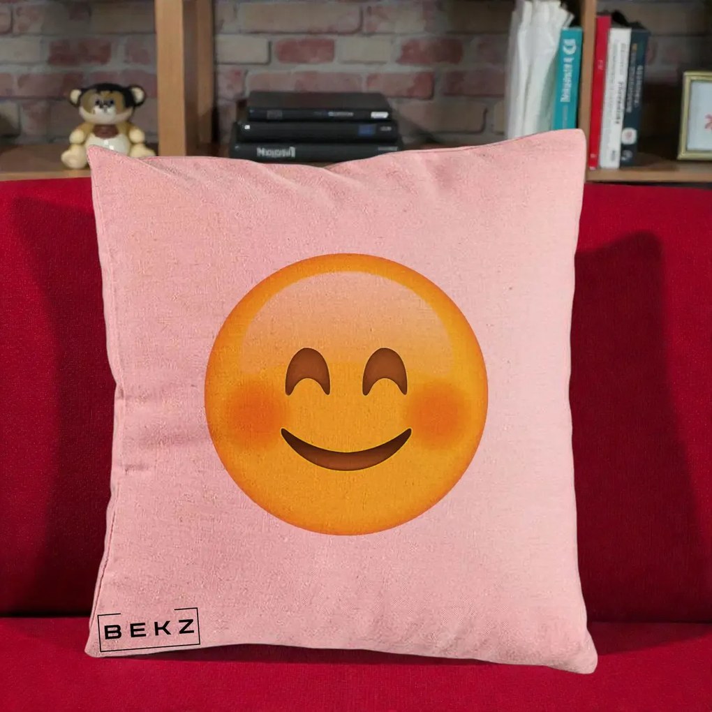 Perna Decorativa Emoji Fericit Roscat, 40x40 cm, Roz, Husa Detasabila, Perna Inclusa, BEKZ®