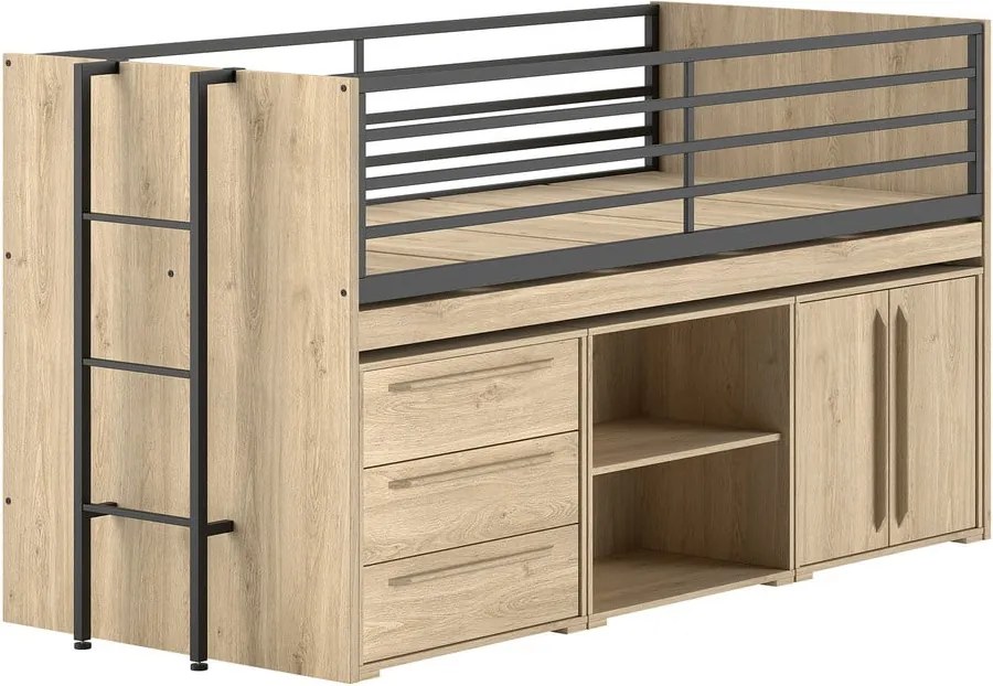 Pat pentru copii în culoare naturală înalt cu spațiu de depozitare cu somieră 90x200 cm Sam – Vipack