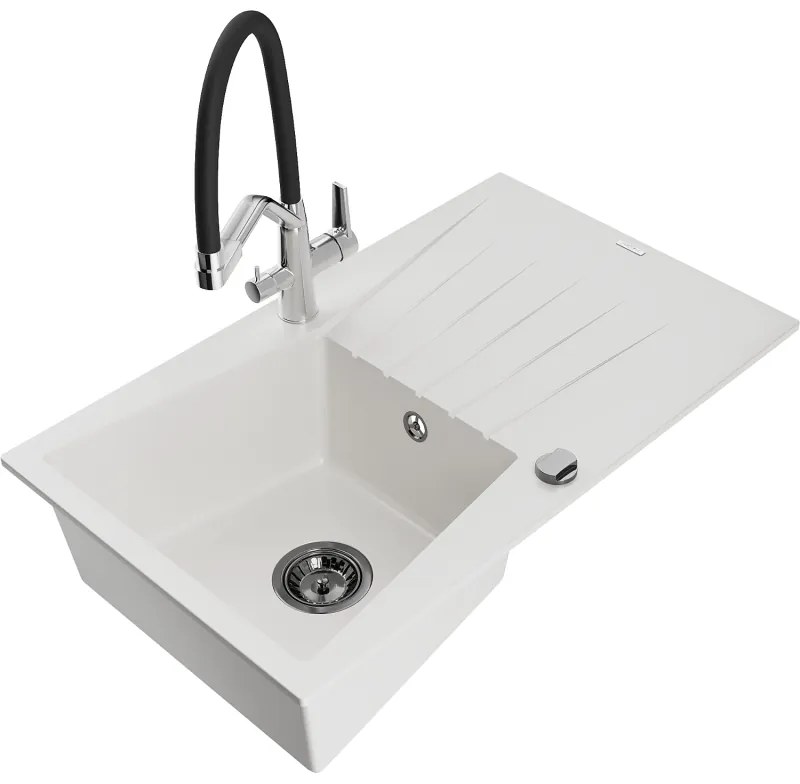 Mexen Cesar chiuvetă de granit cu un compartiment, cu picurător și baterie de bucătărie Duo, Albă - 6514-20-671701-07-B