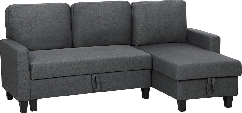 HOMCOM Canapea Extensibilă cu 3 Locuri cu Șezlong și Spațiu de Depozitare, 197x129x85 cm, Gri Închis | Aosom Romania