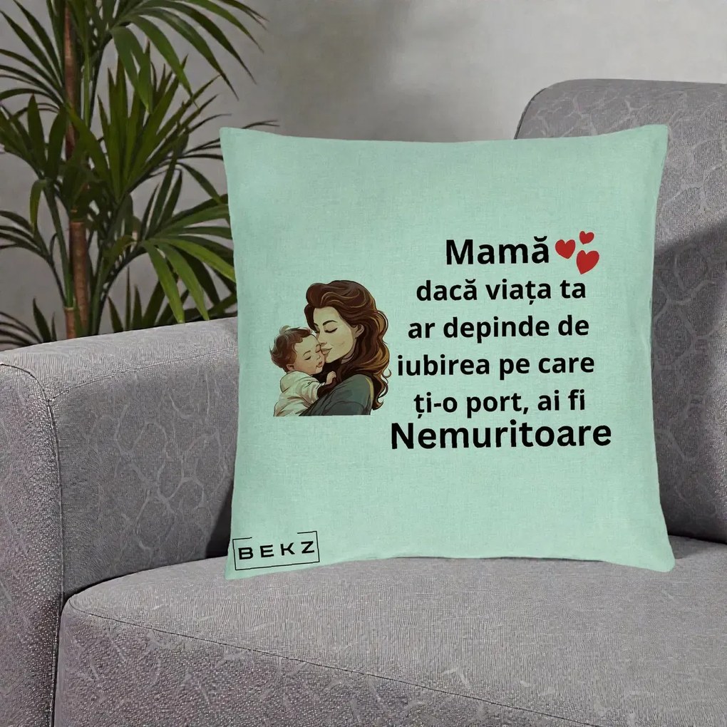 Cadou pentru Mama - Perna Personalizata Mama Nemuritoare cu Bebelus Lineart, 40x40 cm, Verde Menta, Husa Detasabila, Perna Inclusa, BEKZ®