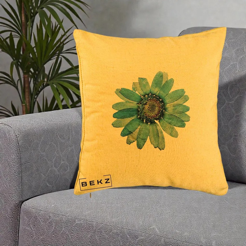 Perna Decorativa Floare Margareta Albastra Acuarela, 40x40 cm, Galben, Husa Detasabila, Perna Inclusa, BEKZ®