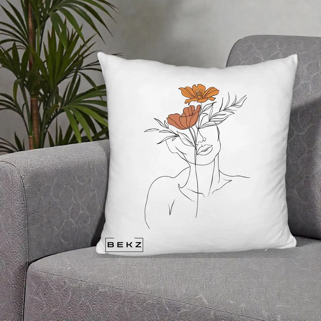 Perna Decorativa Portret Feminin Doua Flori, 40x40 cm, Alb Pufos, Husa Detasabila, Perna Inclusa, BEKZ®
