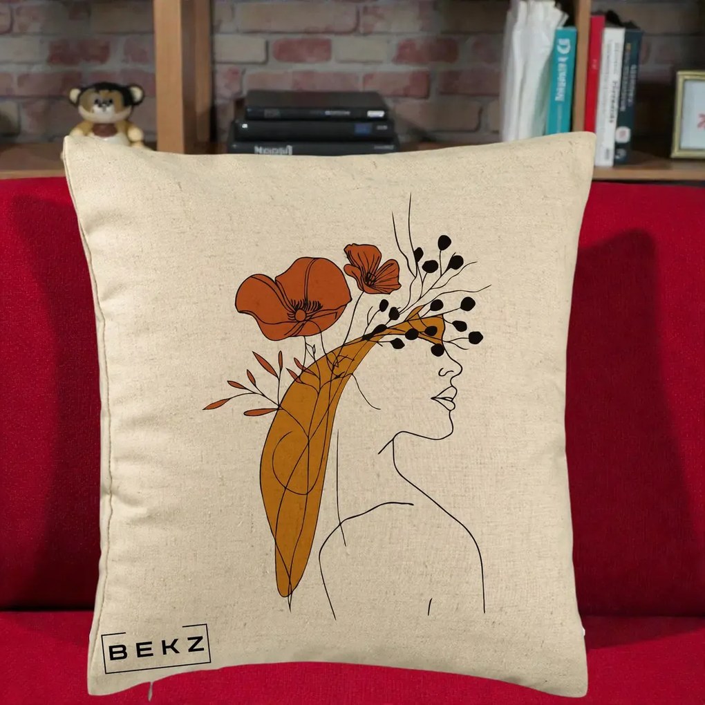 Perna Decorativa Portret Feminin Maci Rosii Auriu, 40x40 cm, Bej, Husa Detasabila, Perna Inclusa, BEKZ®