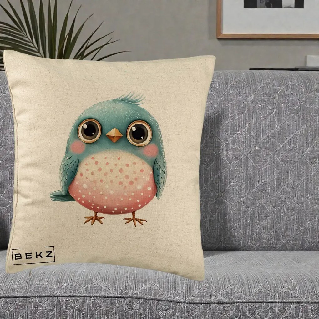 Perna Decorativa Pasare Teal-Roz cu Pete, 40x40 cm, Bej, Husa Detasabila, Perna Inclusa, BEKZ®