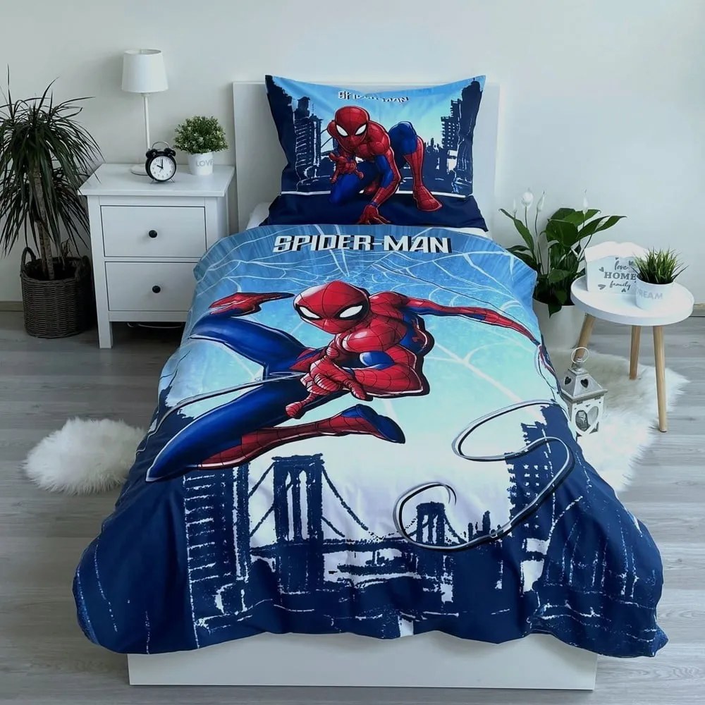Lenjerie de pat pentru copii albastră din bumbac pentru pat de o persoană 140x200 cm Spider-man "Blue" – Jerry Fabrics