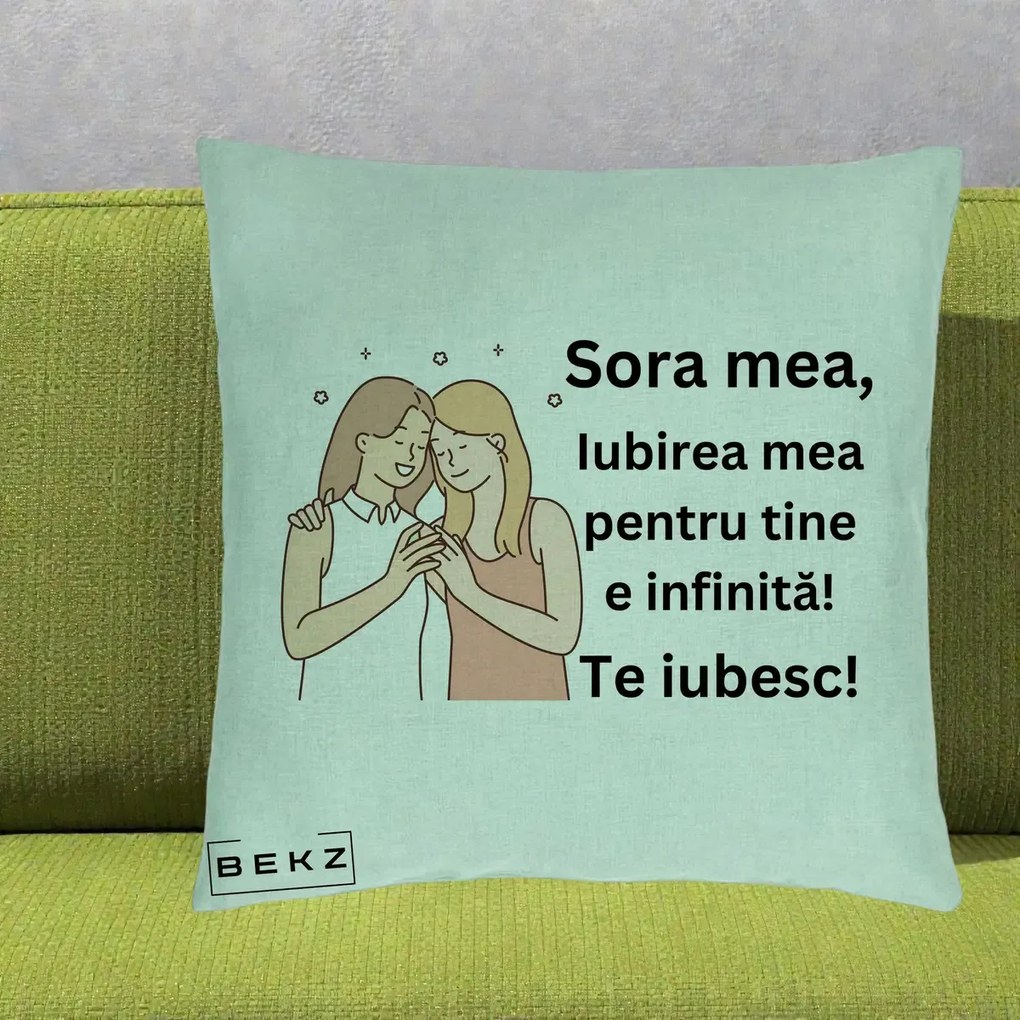 Cadou pentru Sora - Perna Personalizata Sora Mea Te Iubesc Imbratisare cu Sclipiri, 40x40 cm, Verde Menta, Husa Detasabila, Perna Inclusa, BEKZ®