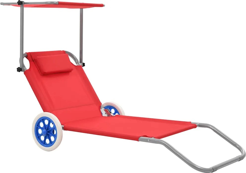 vidaXL Șezlong de plajă pliabil cu copertină și roți, roșu, oțel