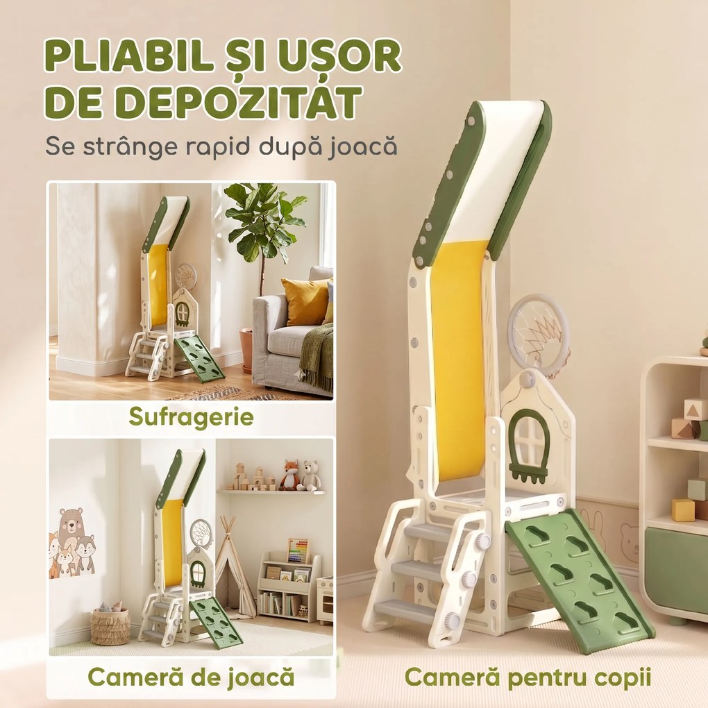 AIYAPLAY Tobogan pentru Copii 1-3 Ani cu Platformă de Cățărare, Coș de Baschet, Spațiu de Depozitare, Trepte Antiderapante, Crem | Aosom Romania