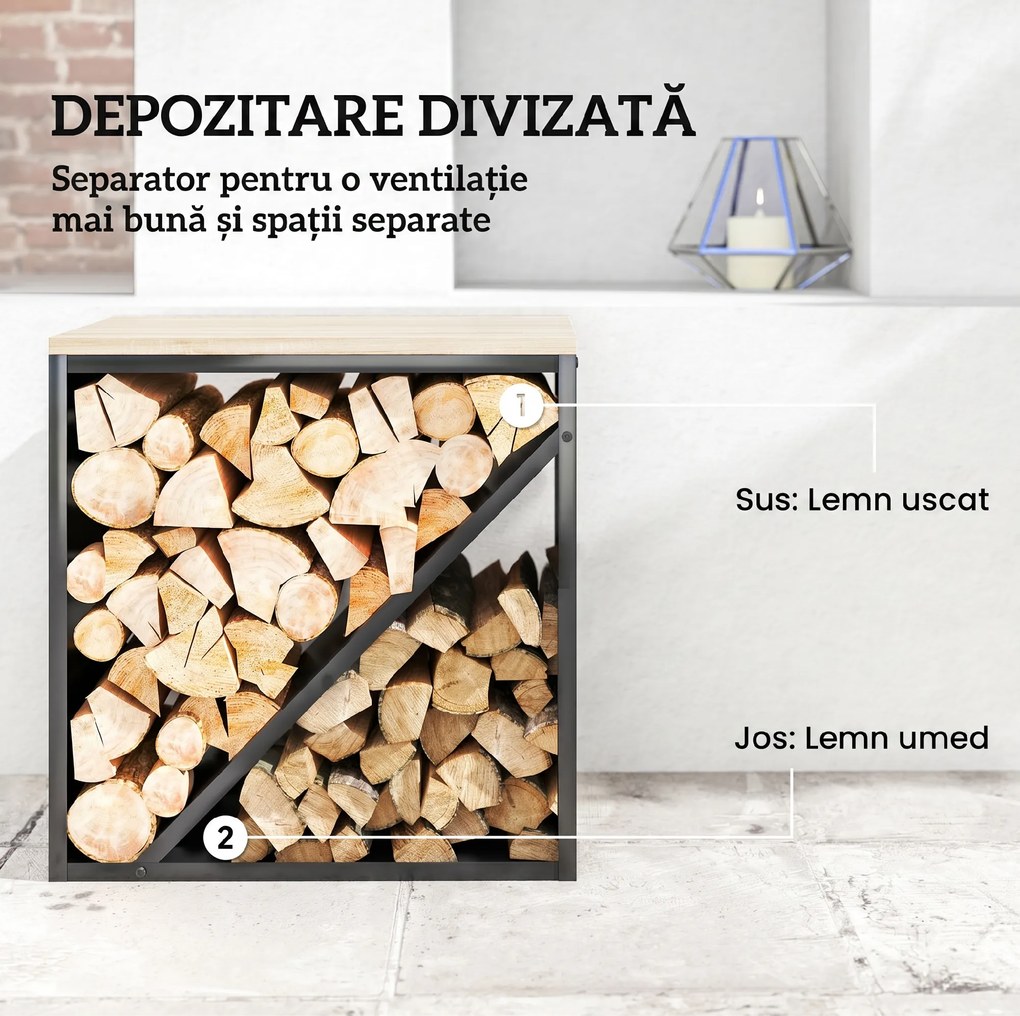Outsunny Suport pentru Lemne de Interior 2 în 1, Suport Înălțat cu Separator, pentru Șemineu, 58 x 36 x 60 Cm, Negru | Aosom Romania