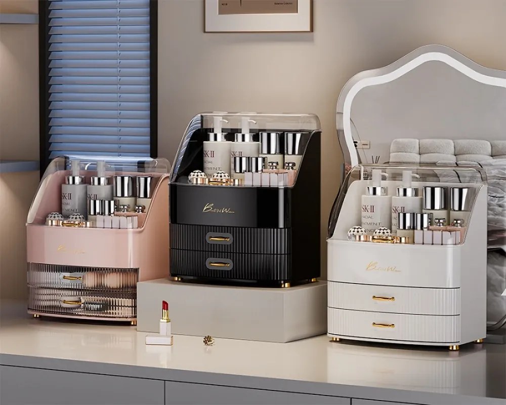 Organizator cosmetic, depozitare compartimentata, cu sertare, Negru