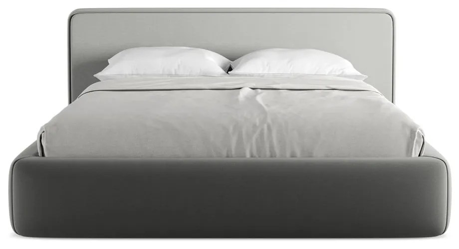 Pat matrimonial gri tapițat cu spațiu de depozitare cu somieră 160x200 cm Kiana – Makamii