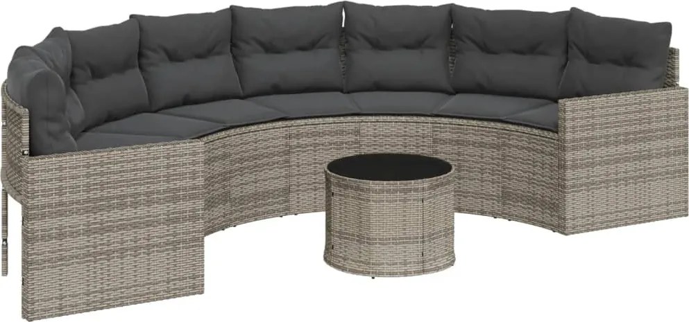 vidaXL Canapea de grădină cu masă/perne, semi-rotundă, gri, poliratan