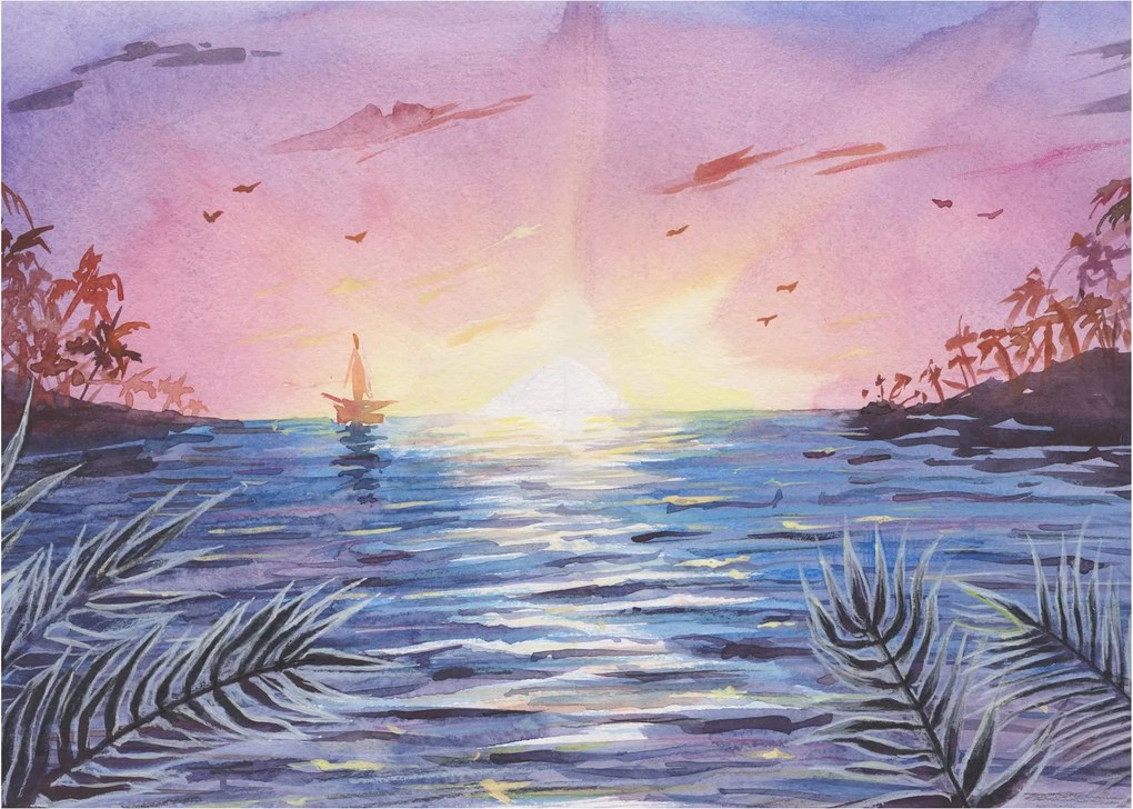 Tablou pe sticlă - Apus de soare deasupra apei, aquarelă (70x50 cm)