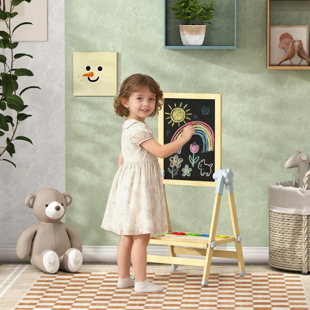 AIYAPLAY Șevalet pentru copii cu tablă dublă pentru cretă și markere, tablă magnetică și tăviță pentru accesorii, rolă de hârtie inclusă, lemn natur | Aosom Romania
