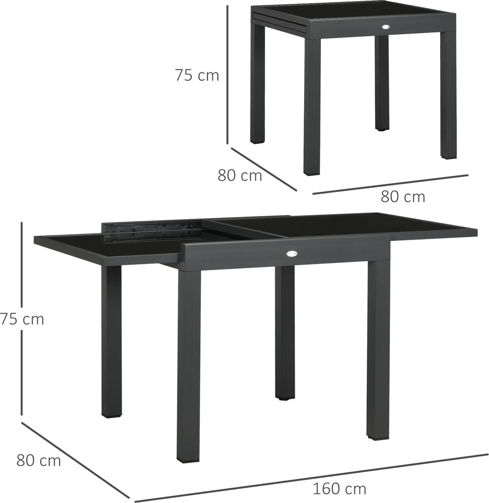 Outsunny Masă de Grădină Extensibilă cu Blat din Sticlă 80-160x80x75 cm Negru | Aosom Romania