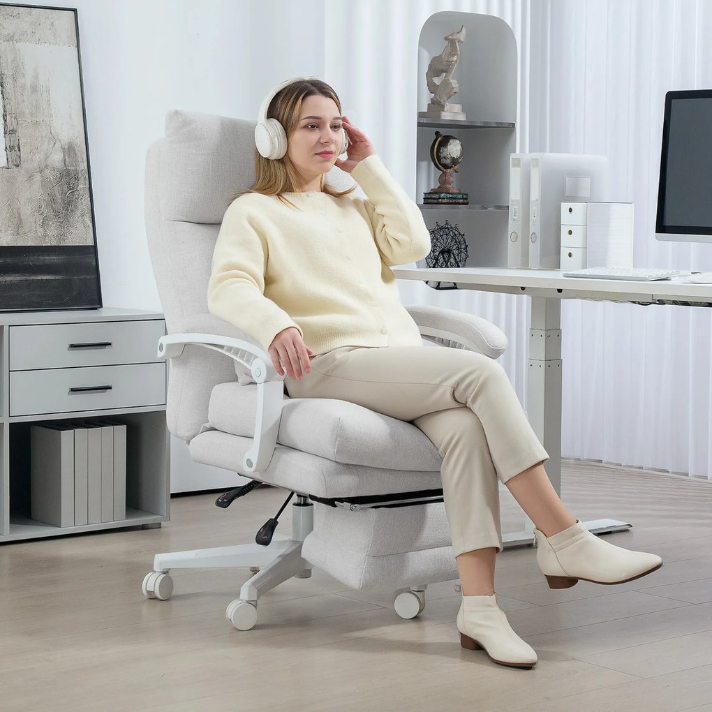 HOMCOM Scaun rotativ, aspect de in, ajustabil în înălțime, cu înclinare de 160 de grade, suport pentru picioare, crem | Aosom Romania