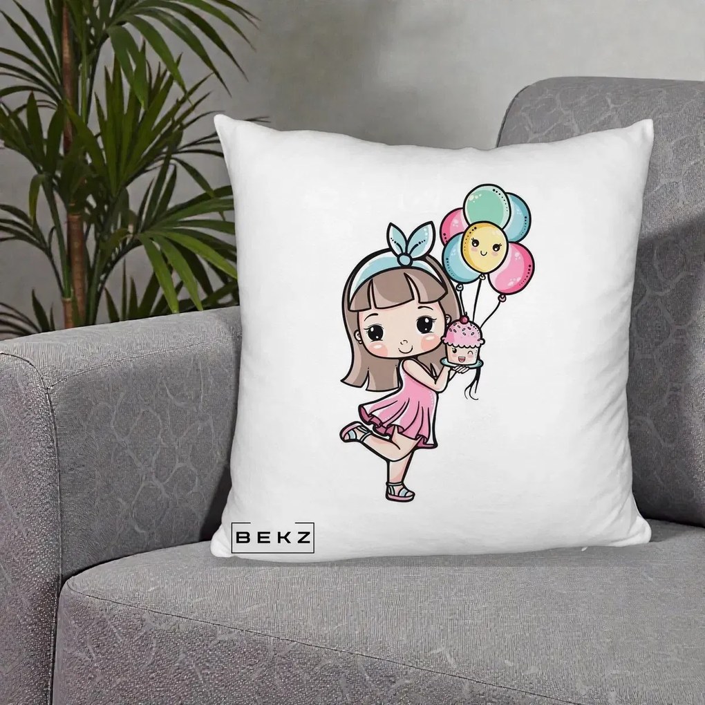Perna Decorativa Fetita Kawaii cu Baloane si Cupcake, 40x40 cm, Alb Pufos, Husa Detasabila, Perna Inclusa, BEKZ®