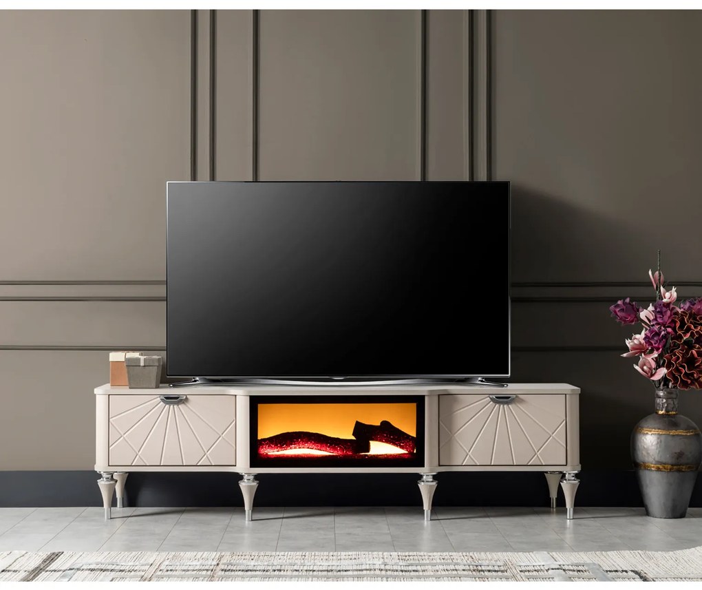Comoda TV MONACO, cu semineu, bej, 180x40x48 cm