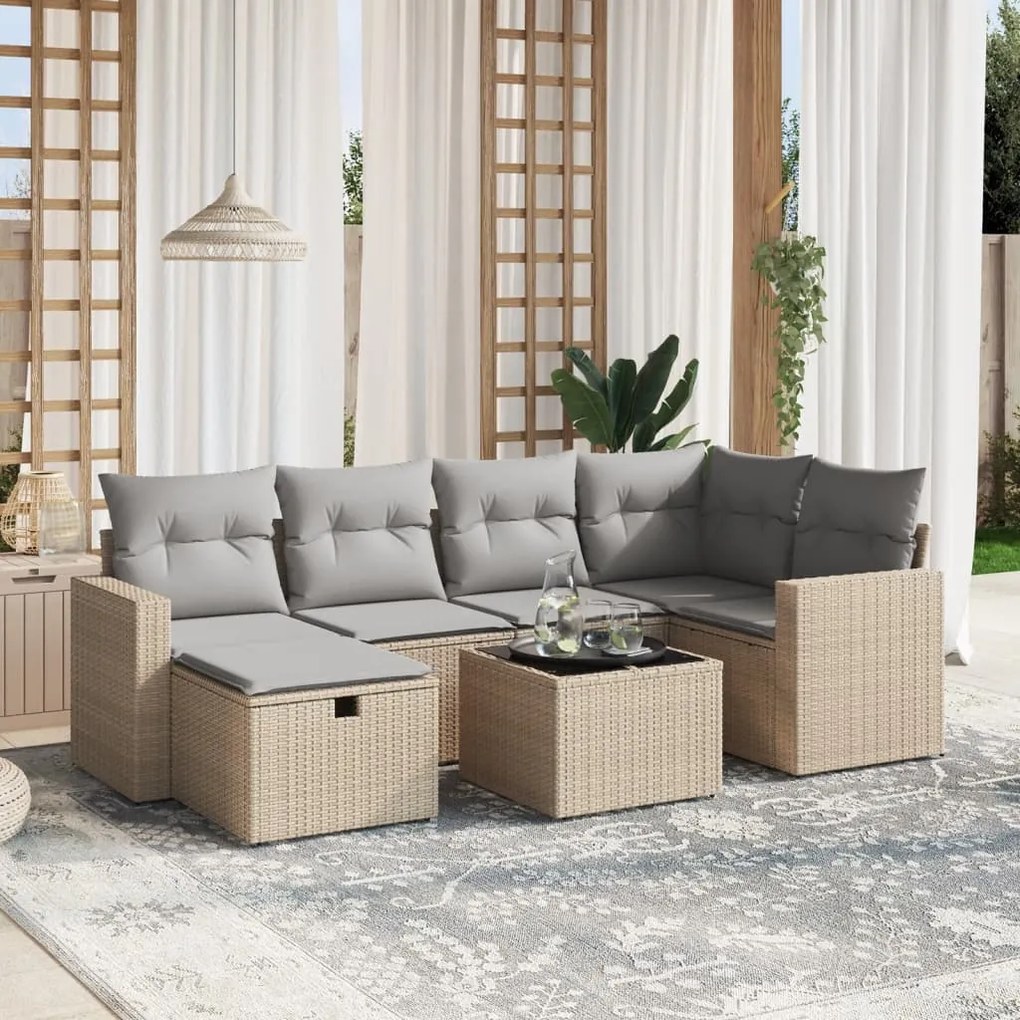 vidaXL Set canapele de grădină, 7 piese, cu perne, bej, poliratan