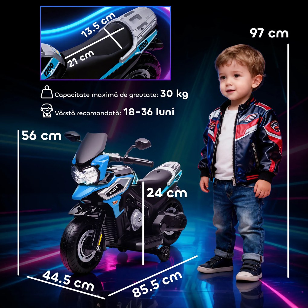 AIYAPLAY Motocicletă Electrică pentru Copii 18-36 Luni, 6V Motocicletă Electrică pentru Copii cu Roți Detașabile, Faruri, Muzică, 2.4 km/h Mini Motocicletă cu Far, Max 30kg, Albastru | Aosom Romania