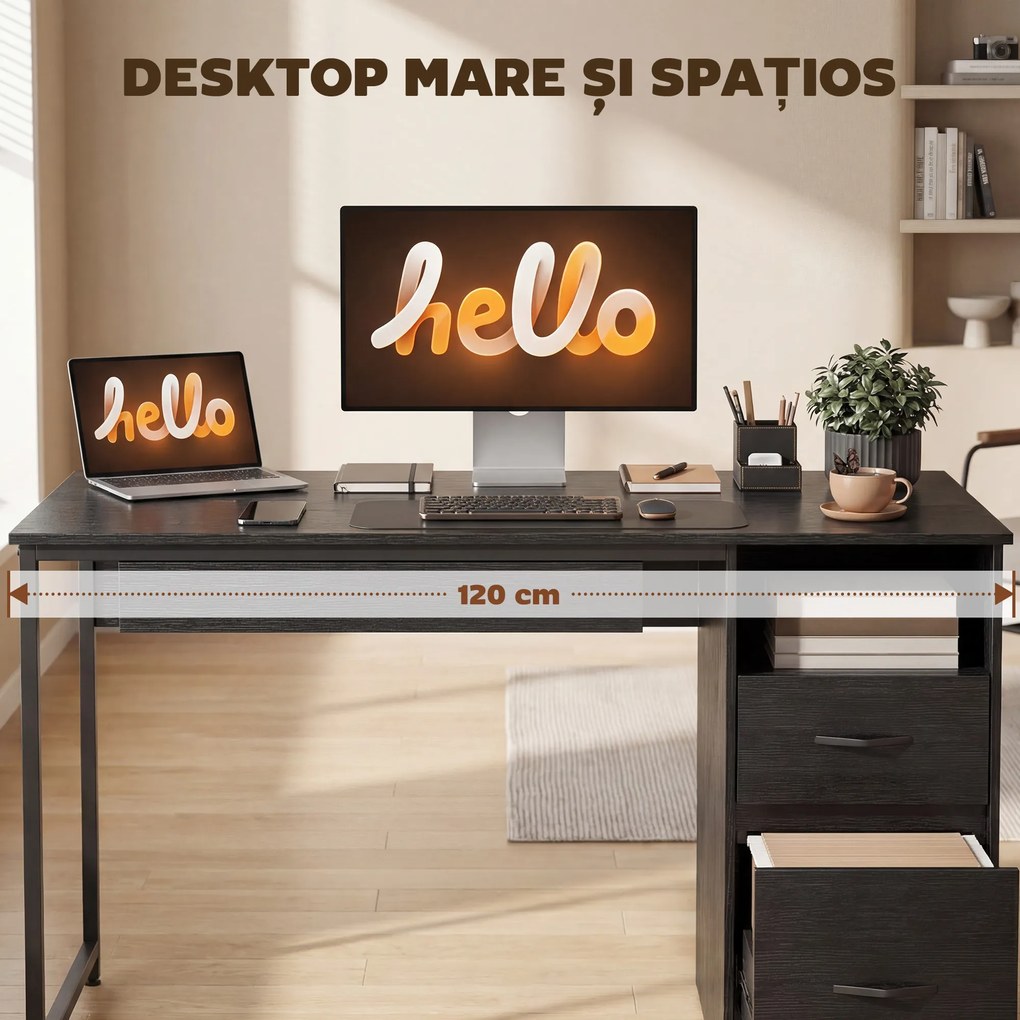 HOMCOM Birou Gaming Industrial, 120x52,3cm Stație Gaming cu Suport Tastatură, Compartiment Deschis și Sertare pentru Documente Format A4 Letter Legal, Masă Computer pentru Birou Acasă, Negru | Aosom Romania
