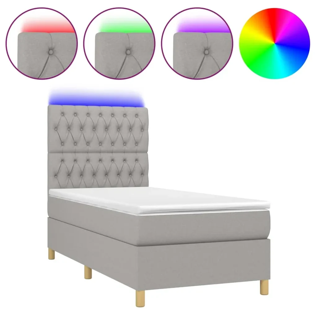 3135629 vidaXL Pat cu arcuri, saltea și LED, gri deschis, 80x200 cm, textil