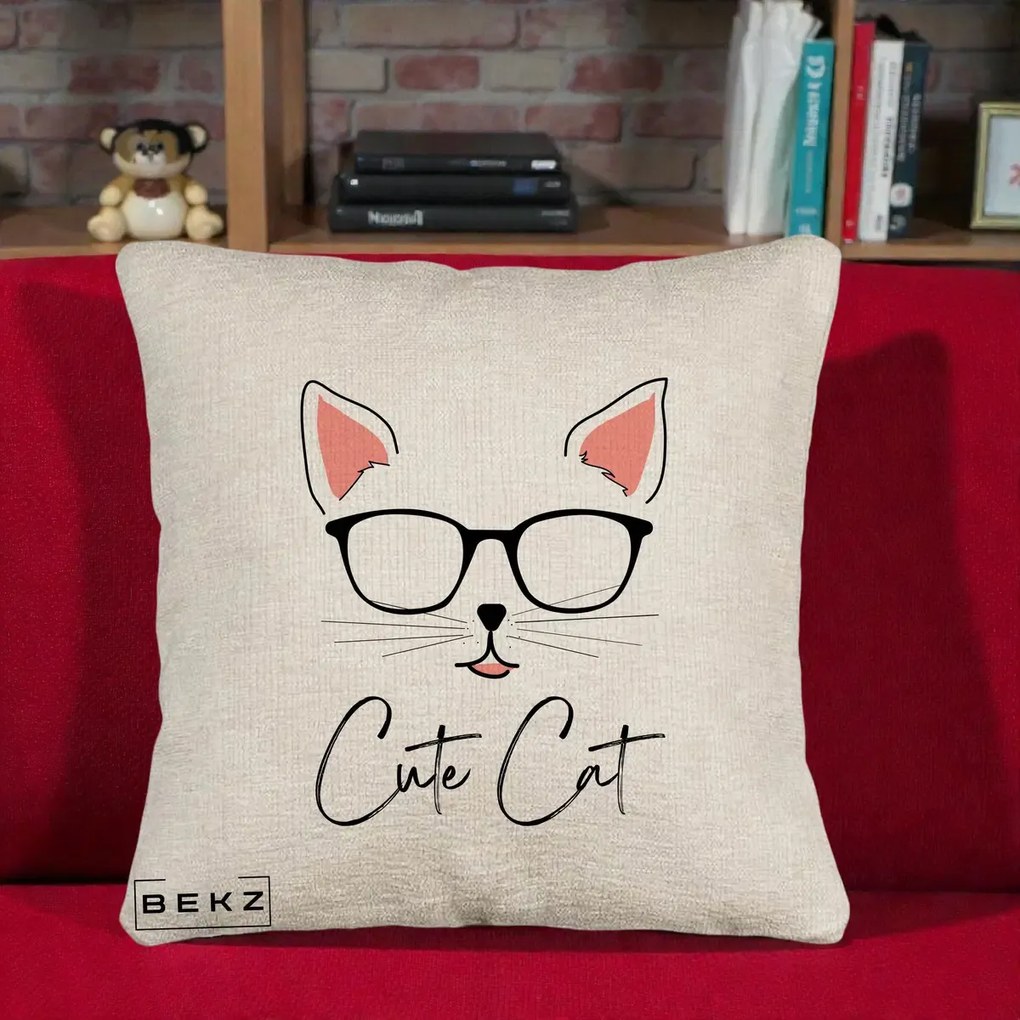 Perna Personalizata Cute Cat cu Ochelari, 40x40 cm, Bej Canapea, Husa Detasabila, Perna Inclusa, BEKZ®