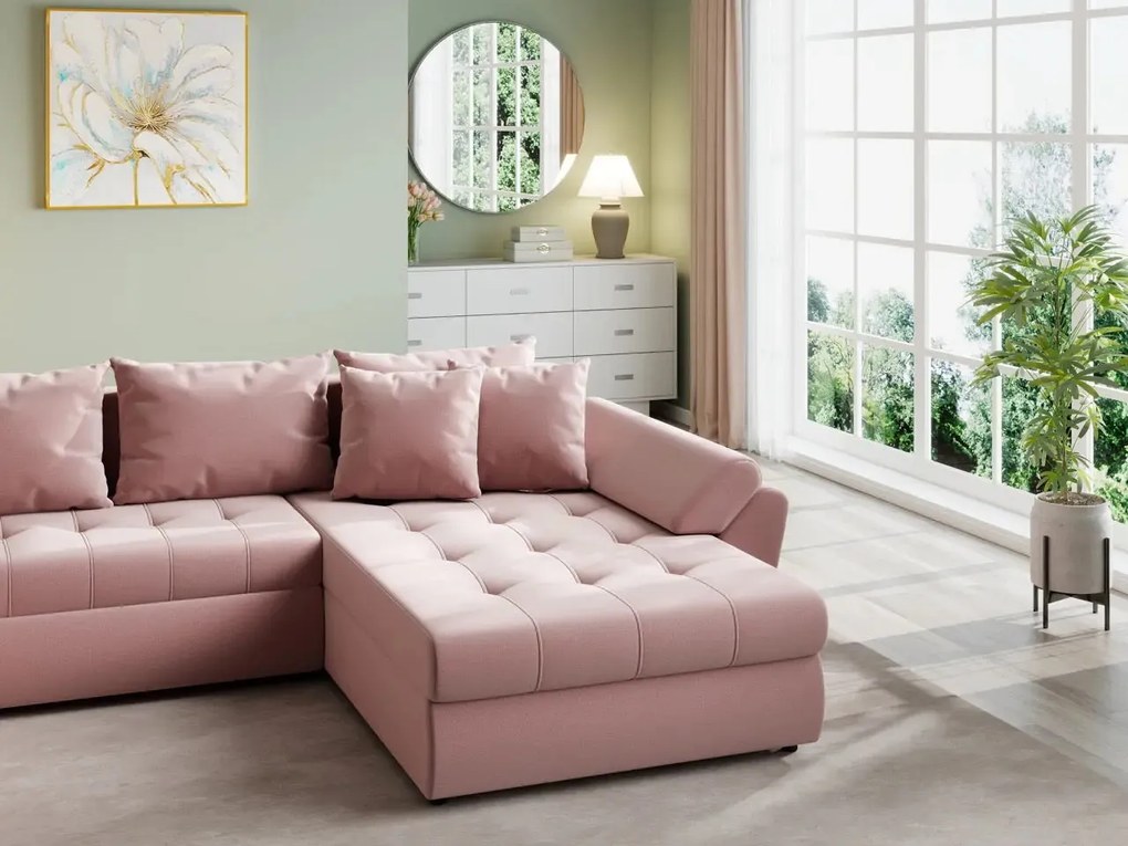 Colțar extensibil dumonde cu ladă de depozitare si sezut confortabil din spuma high-density, Loana U Royal Pink 355x185 cm