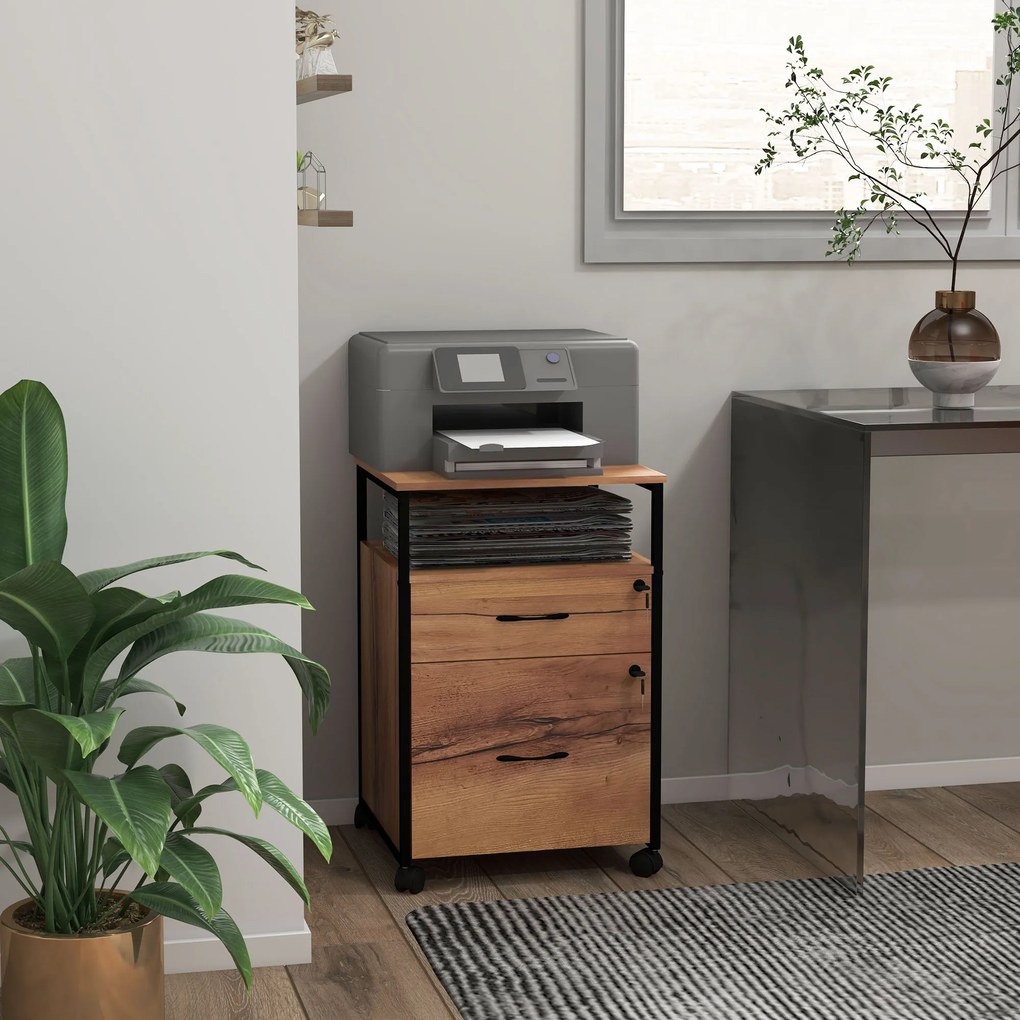 Vinsetto Cajonera de Oficina Cajonera pentru Birou cu Roți Arhivar pentru Dimensiuni A4 44x40x66,5 cm Maro Rustic | Aosom Romania