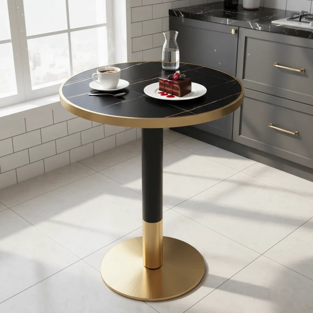 Masă bistro de sufragerie, marmură neagră/negru/auriu, diametru 80 cm, OREN
