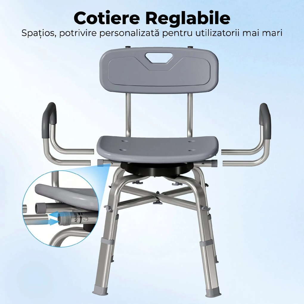 HOMCOM Scaun de Duș Rotativ cu Înălțime Reglabilă, Brațe și Spătar, Capacitate 150 kg, Gri | Aosom Romania