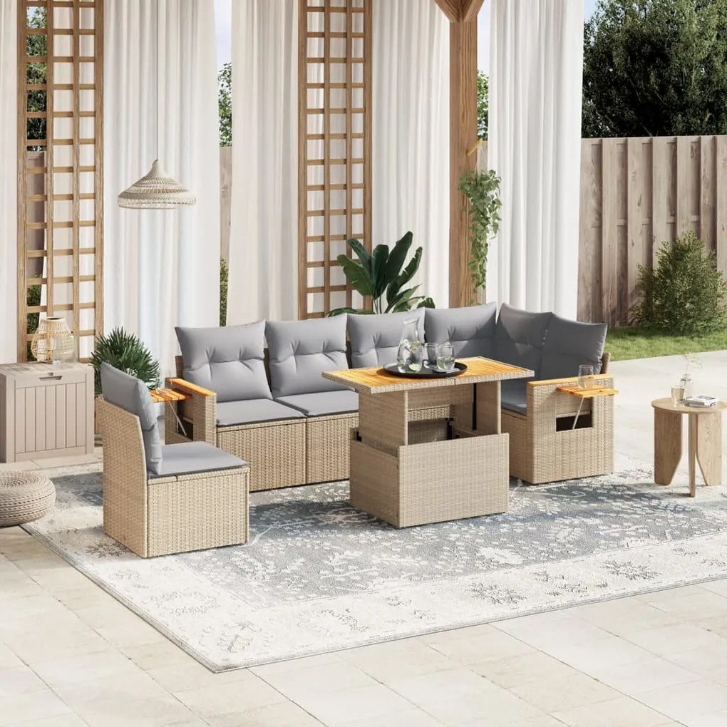 vidaXL Set canapele de grădină, 7 piese, cu perne, bej, poliratan
